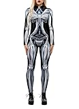 Foksikely Women's 3D Mechanical Robot Skeleton Print Halloween Jumpsuit Romper Cosplay Costume Silver S