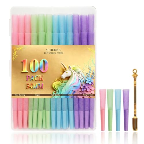 100PACK 54mm Cones Rolling paper -Natural Slow-Burning Cones Rolling Paper with Loader and Packing Sticks