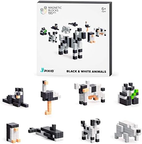 PIXIO Magnetic Building Blocks - Black & White Animals Story Series - Magnetic Blocks Building Toys - Boys Toys Age 6-8 - Magnetic Toys 6-7 Year Old Boys - 195 pcs