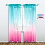 Pink and Green Curtains for Mermaid Bedroom Decor Set 1 Sheer Panel Rod Pocket Gradient Pink Turquoise Mint Aqua Ombre Mermaid Curtains for Girls Room Little Kids Princess Decorations 84 Inch Length