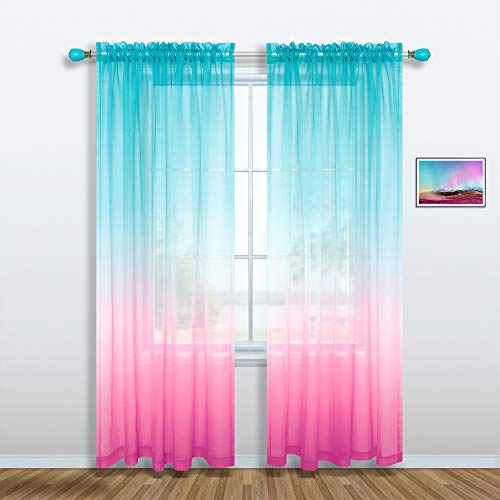 Pink and Green Curtains for Mermaid Bedroom Decor Set 1 Sheer Panel Rod Pocket Gradient Pink Turquoise Mint Aqua Ombre Mermaid Curtains for Girls Room Little Kids Princess Decorations 84 Inch Length