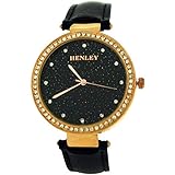  Henley Ladies Strass BES. schw. glitzerndes Zifferbl. Damenuhr Leder H06107.3