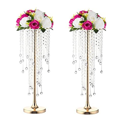 2 Pcs 21.65 inches Crystal Flower Stand Wedding Centerpieces for Tables, Tabletop Gold Metal Flower Arrangement Holder, Elegant Bulk Metal Vases for Reception Party Ceremony Decoration (2 X S, Gold) Cover