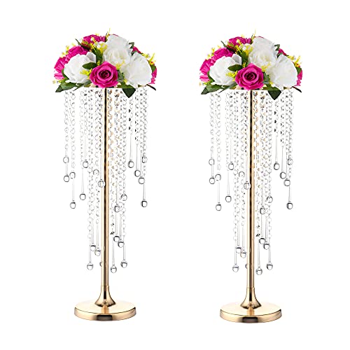 Wedding Centerpieces Stands for Tables Gold Tall Metal Flower Candle Holder Stand with Crystals Set of 2 Event Lead Road Candleholders for Wedding Party Dinner Table Decor (Gold/21.6”)
