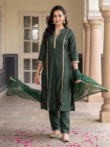 Image of INDO ERA Women's Liva Woven Design Zari Work A-Line Kurta & Pant with Dupatta Set | Kurta Set