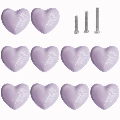 Image of Perphin Ceramic Drawer Knobs Heart Shape Cabinet Dresser Pulls Handles with 3 Sized Screws, Kitchen Furniture Knobs for Closet Cupboard Wardrobe (10, Purple)