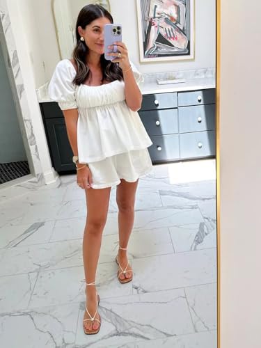 Image of Tankaneo Womens 2 Piece Outfits Summer Square Neck Short Puff Sleeve Babydoll Tops and Shorts Matching Set
