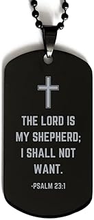 Baptism Gifts For Teenage Boys Girls, Christian Bible Verse Black Dog Tag, The Lord is my shepherd, Confirmation Gifts, Bible Verse Necklace for Son, Godson, Grandson, Nephew, Aluminum, Cubic Zirconia