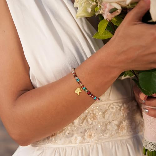 Beaded Initial Bracelets for Women, 14K Gold Plated Initial Letter Charm Rainbow Gemstone Colorful Summer Beach Jewelry for Women4