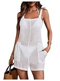 WDIRARA Women's Square Neck Sleeveless Cover Up Romper Shorts Swimwear with Pockets White Large