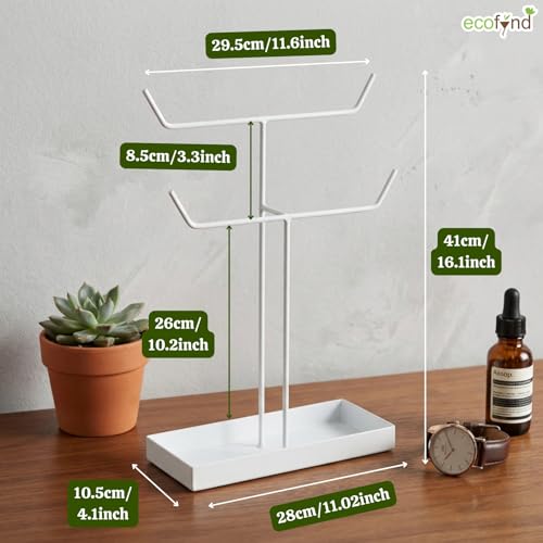 Image of ecofynd 2-Tier Metal Jewelry Organizer Stand with 2 Hangers, 16-Inch Holder for Earrings, Necklaces, Bracelets & Rings, Space-Saving Display for Vanity, Dressing Table & Home (White, JS010)