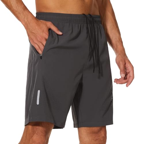 YUTYTH Mens Gym Running Shorts Breathable Quick Dry 7" Gym Athletic Shorts with Zipper Pockets and Reflective Strip Grey
