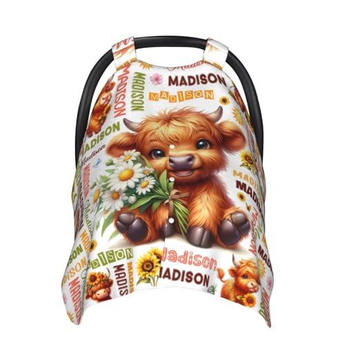Personalized Baby Highland Cow Car Seat Canopy for Babies,Stroller Cover,Opening Minky Nursing Breastfeeding Cover for Infant,Newborn,Custom Name Highland Cow Car Seat Covers Boys Girls