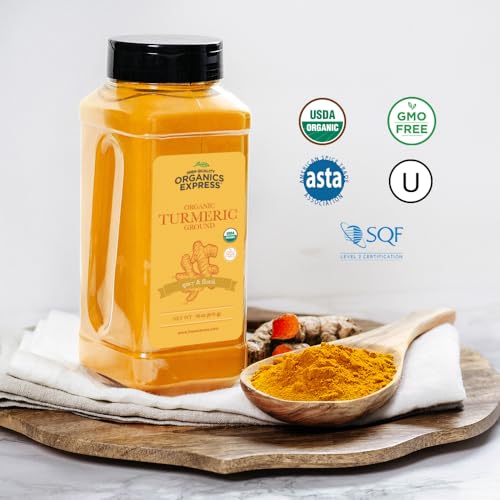 HQOExpress - USDA Certified Organic - Non GMO - Ground Turmeric Spice Powder Seasoning For Cooking - Sustainably Grown - Kosher - 18 oz. Chef Jar