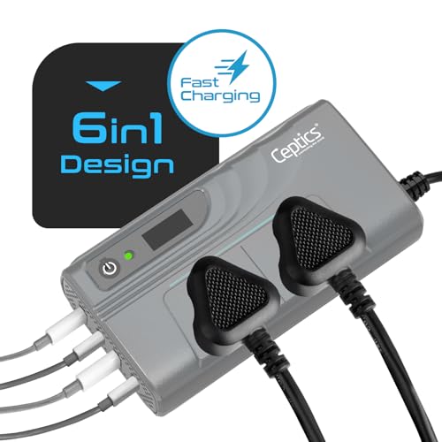 Image of Ceptics 200W Car Laptop Charger, 2 USB-A (3.1A Max) + 2 USB-C (PD 27W) Ports, SmartVoltage Technology, Upgraded Cigarette Lighter Plug, 12V DC to 220V AC, 2X Universal AC Outlet, 18 Months Warranty