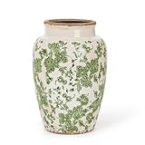 Sungmor Ceramic Flower Vase, Vintage Ice Cracked Glaze Porcelain Vase, Pretty Home Decor Vase for Flower Arrangement, Fresh Flowers, 10.2 Inch Tall Chinoiserie Pottery Vase, Green Floral Pattern