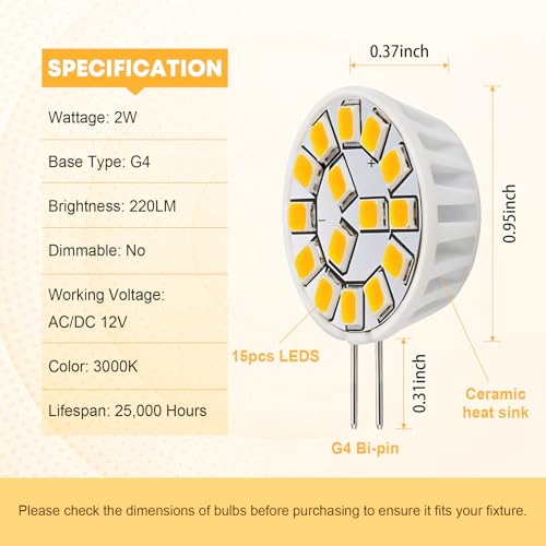 Kohree G4 LED Bulb 12V AC/DC Bi-Pin Base Ceiling Recessed Puck Light Bulb LED Replacement Halogen Bulb 20W Equivalent for RV Camper Trailer Motorhome 5th Wheel, Marine Boat (2 Watt, Warm White) 4 Pack