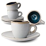 KIVY Espressotassen Set [4 x 75ml] - Handgefertigt aus dickwandigem Steingut - Espresso Tassen Set mit Untertasse - Espressotassen dickwandig italienisch - Steingut Tasse - Espressobecher Set Blau