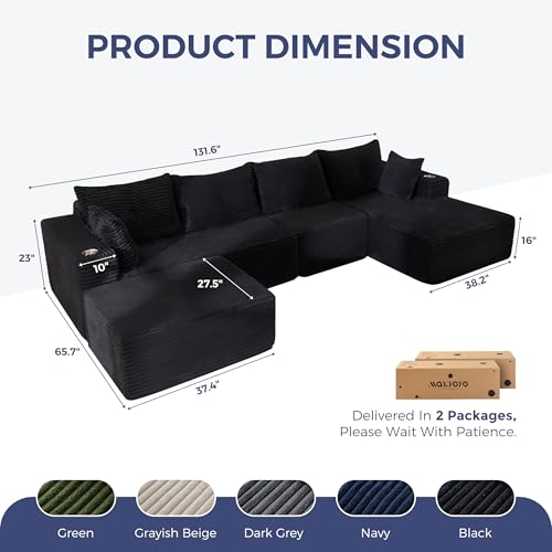 Image of MAXYOYO Boneless Couch, 132 inch U-Shaped Modular Sofa, Right-Facing Chaise