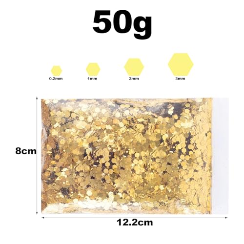 50g Gold Farben Glitzerpulver Set,Gemischte Grobe Feine FlockenCraft Glitzerpuder für Harz Nagelkunst Haare Gesicht Karten DIY Festival Party Dekoration Masquerade,Vier Größen (0,2 mm,1 mm,2 mm,3 mm)
