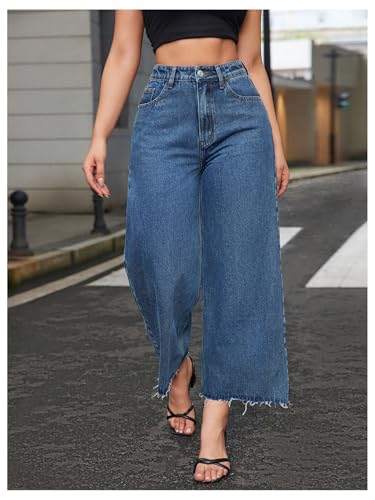 Floerns Women's High Waist Raw Hem Denim Pants Wide Leg Jeans with Pockets3