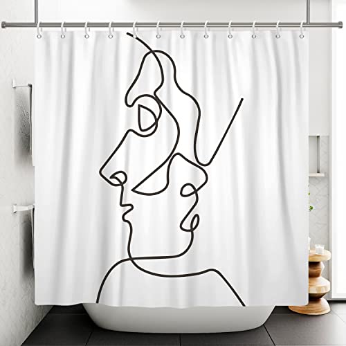 Bovlleetd Cortina de Baño Arte Minimalista Líneas Cara Humana Cortina de Baño Abstracto Hombre y Mujer Besándose Cortinas de Baño Fondo Blanco Cortina de Bañera 180x180cm Cover