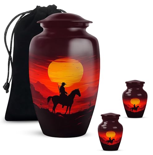 Image of Cowboy Urn - Large & Small Urn for Ashes Adult Male - Urn for Ashes for Women - Tiny Urns for Human Ashes - Funeral Urns for Adult Ashes Women (Combo - 10 inch & 3 inch, 3 Pcs)