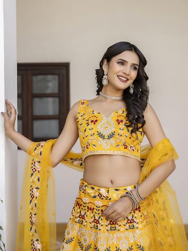 TRENDMALLS Women\'s Satin Embroidery Sequence Work Lehenga Choli Set with Dupatta Ready to wear (L103-Yellow-L)