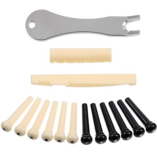 14Pcs Puentes de Puente de Guitarra Acústica Clavijas con Puente de Pin Pull Remover y Caucho Pick Titular (Negro y Blanco Crema)