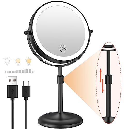 Benbilry 7" Lighted Makeup Mirror with 10X Magnification & 3 Color Lights, Adjustable Brightness & Height, 360° Swivel Rechargeable LED Magnifying Make Up Vanity Mirror with Lighting (Black)