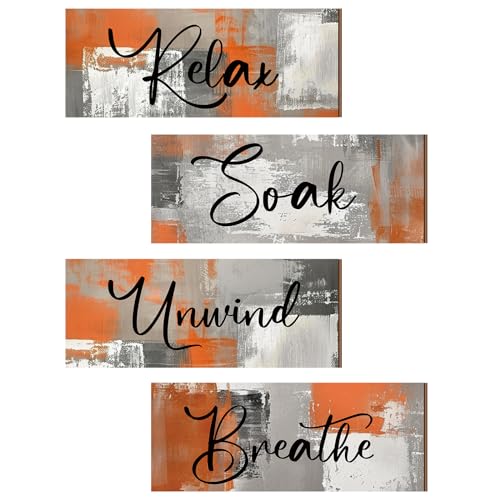 Maitys 4 Pcs Bathroom Wall Decor 10 x 4 Inch Bathroom Wall Art Contemporary Wood Restroom Pictures for Soak Unwind Relax Hanging Sign Spa Rustic Vintage Farmhouse Pediments(Orange)