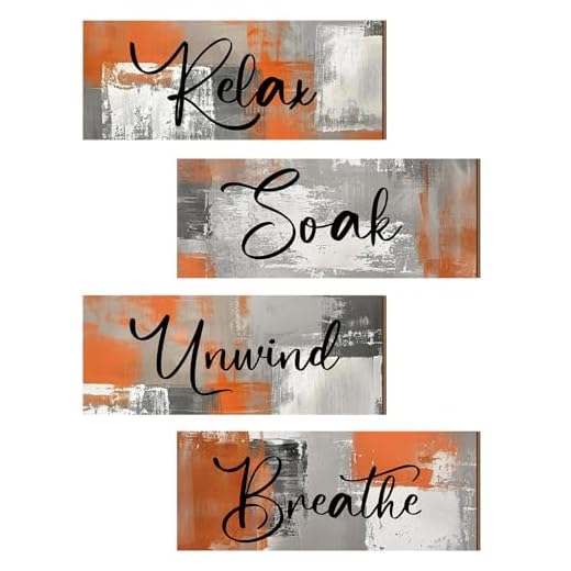 Maitys 4 Pcs Orange Bathroom Wall Decor 10 x 4 Inch Fall Bathroom Wall Art Contemporary Wood Restroom Picture for Thanksgiving Day Soak Unwind Relax Hanging Sign Spa Rustic Vintage Farmhouse Pediment