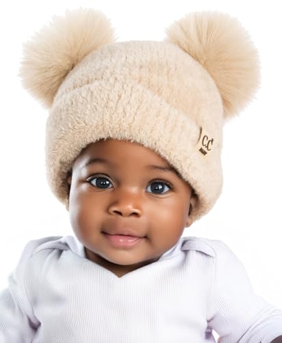 Image of Funky Junque Baby Pom Pom Beanie, Warm Winter Hat for Infants and Toddlers, Chenille Double Pom Poms for Baby Girls & Boys