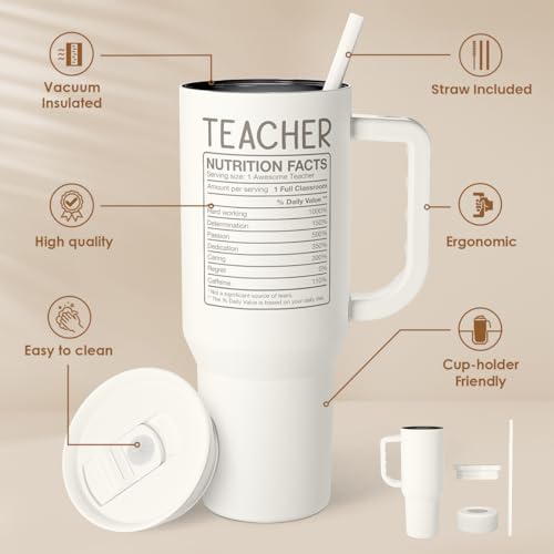 Image of SANDJEST Teacher Appreciation Gift - 40oz Stainless Steel Insulated Tumbler with Handle and Straw - Teacher Nutrition Facts Travel Coffee Mug Cup for Women Back to School Birthday Christmas