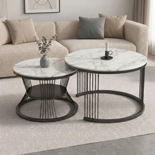 Image of Nesting Coffee Table, 20 inch Round Coffee Table Set of 2, Wooden Nesting Table with Metal Frame, Center Tables for Living Room Bedroom Balcony Bedside Table Blak White