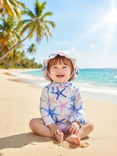Image of Renotemy Baby Girls Swimsuit Drawstring Zip Bathing Suit Long Sleeve One-Piece Rash Guard Swimwear with Hat for Infant Girl