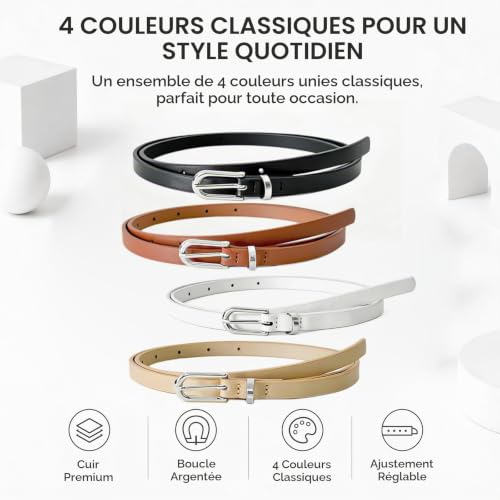 4PCS Ceintures Cuir Femme Fine avec Boucle Argentée en Métal Ajustables – vue 5