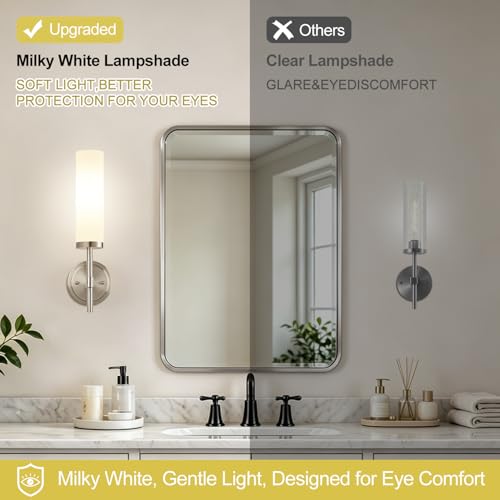 Image of [Hardwired] Wall Sconces Set of Two, Brushed Nickel Bathroom Sconces with Milky White Glass, Modern Wall Light Fixtures for Bathroom Mirror Vanity, Living Room, Hallway, Stairway, Cabinet, Foyer