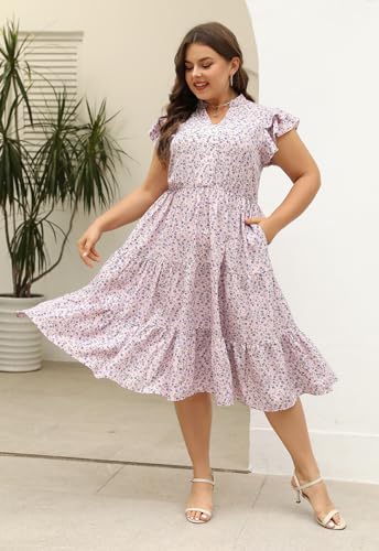 Image of Keluummi Plus Size Midi Dress for Curvy Women Wedding Guest Summer Floral Empire Waist Short Sleeve with Pockets