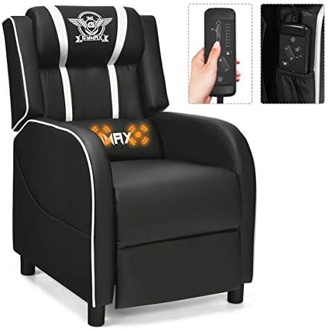 GYMAX Gaming Recliner, Massage Gaming Chair with Adjustable Backrest Footrest, Remote Control & Side Pocket, Ergonomic Game Lounge Chair, Racing Style Single Theater Seat Game Sofa for Adults (White)