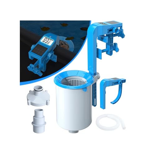 DeeprClean Newly Above Ground Pool Skimmer with Solar Digital Thermometer Wall Mount Surface Skimmer with Adjustable Height Bracket Auto Skimming for Pool Surface Floating Leaves & Debris -Blue