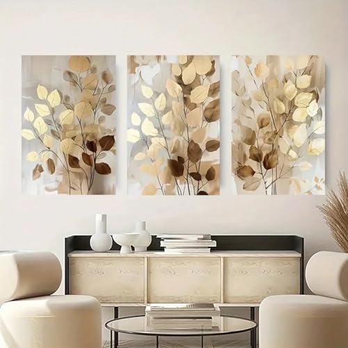 Tableau sur toile feuilles dorées triptyque luxe pour salon chic
