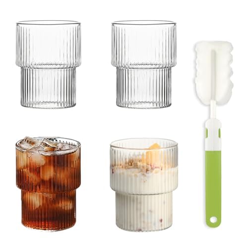 UptVin Juego de 4 Vasos Acanalados para Café, vasos de Vidrio 300ML, Tazas Transparentes para Café Helado con Cepillo Esponja, Vasos Apilables para Cócteles, Whisky, Té, Soda