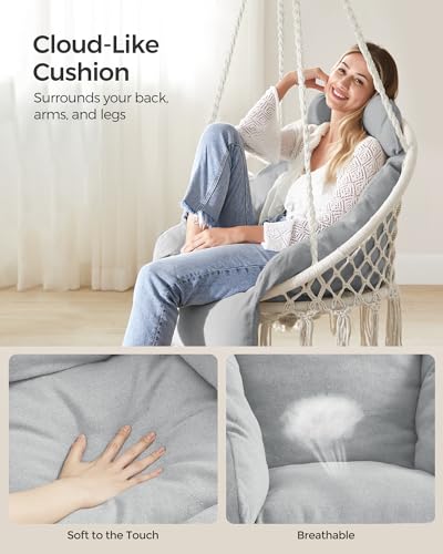 Image of SONGMICS Hanging Chair, Hammock Chair with Large, Thick Cushion, Boho Swing Chair for Bedroom, Patio, Balcony, Garden, Holds up to 264 lb, Accessories Included, Cream White and Dove Gray UGDC042G01 | Hammock Chair with Large, Thick Cushion, Boho Swing Chair for Bedroom, Patio, Balcony, Cream White and Dove Gray UGDC042G01