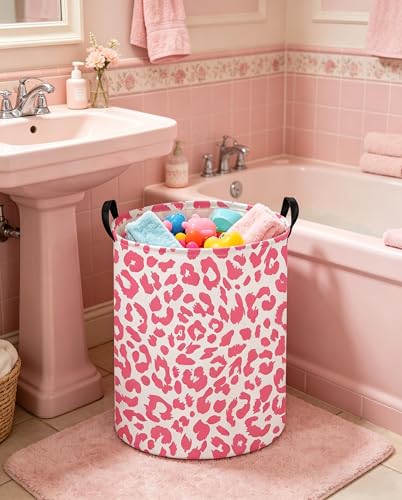 Image of Pink Leopard Print Hamper,Baby Laundry Hamper,Waterproof Collapsible Baby Storage Baskets for Kid Room Decor,Clothes Organizer Basket,Gift Baskets(Pink Leopard Print)