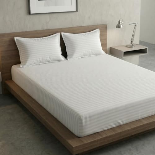Image of Home Sizzler Microfibre White Satin Stripe Double Bedsheet with 2 King Size Pillow Covers