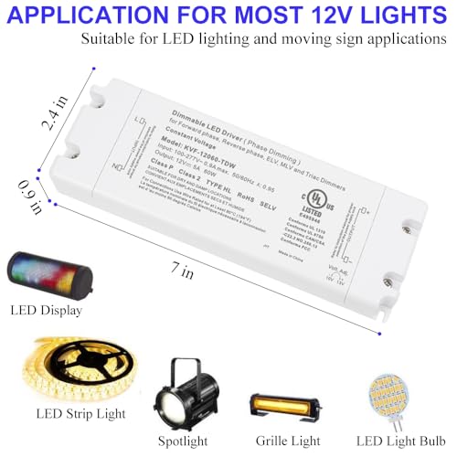 LED Driver 60W Triac Dimmable, Power Supply 100-277V AC to 12V DC, Low Voltage Transformer for Strip Lights, Compatible with Most Lutron & Leviton dimmers, UL Class 2/P Listed — view 2