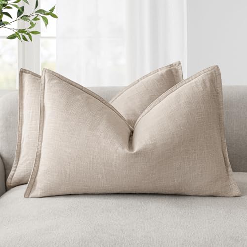Foindtower Pack of 2, Decorative Linen Soild Throw Pillow Covers Accent Lumbar Cushion Case Boho Farmhouse Pillowcase for Chair Couch Sofa Bedroom Living Room Home Decor 12 x 20 Inch Tan Beige