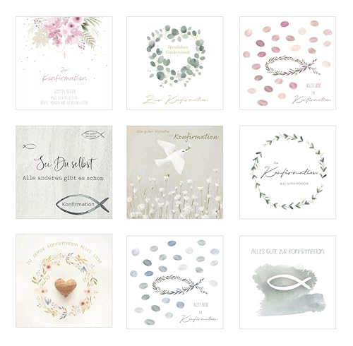 Edition Seidel Set 9 Premium quadratische Karten zur Konfirmation mit Umschlägen. Glückwunschkarten Konfirmationskarten Doppelkarten Klappkarten Kartenset Karte Spruch Kinder Jugendliche (SW026)