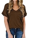 MIHOLL Women's Short Sleeve V-Neck Shirts Loose Casual Tee T-Shirt (12_Brown, Large)